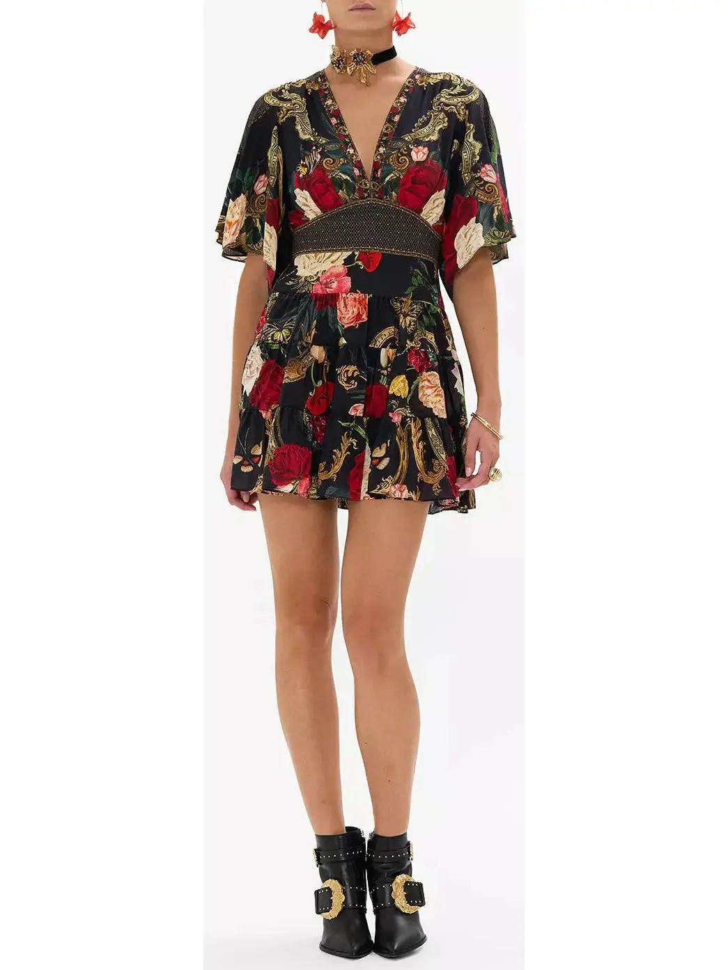 Floral Printed V-Neck Silk Mini Dress Trendy A-Line Mini Dress