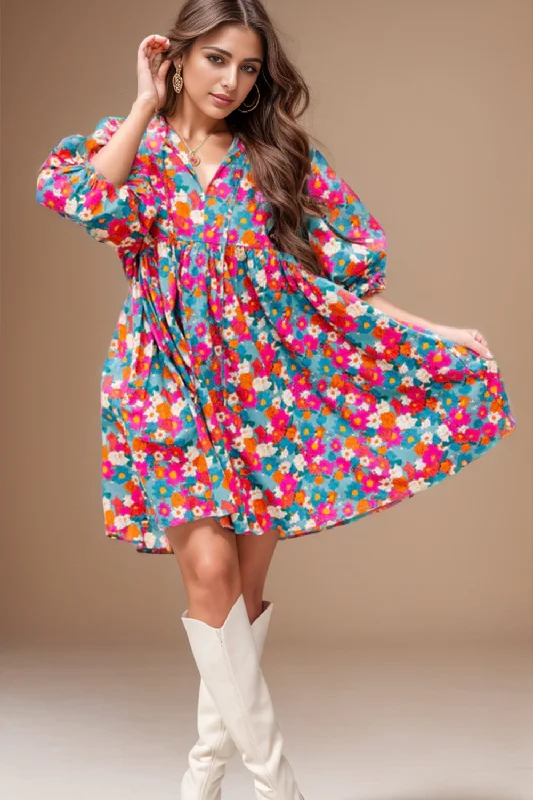 Floral Tie Neck Puff Sleeve Mini Dress Modern Satin Mini Dress