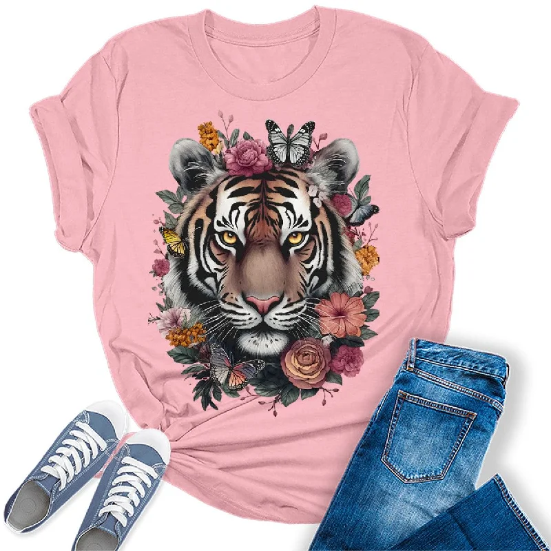 Floral Tiger Face Animal Graphic Tees For Women Collared Crew Neck Turtle Neck