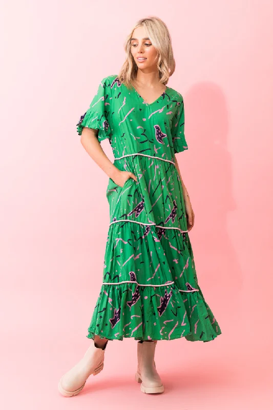 Fox Midi Dress Green Stylish Off-Shoulder Ruffle Dress