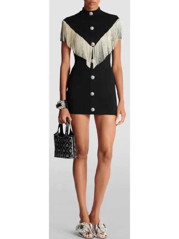 Fringe-Trim Mini Dress Stylish Button-Down Mini Dress