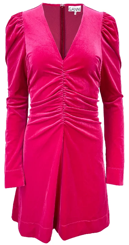 Ganni Velvet Mini Dress in Deep Pink Cozy A-Line Mini Dress