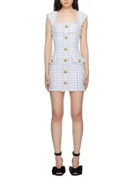 Gingham Tweed Mini Dress Trendy Cut-Out Mini Dress