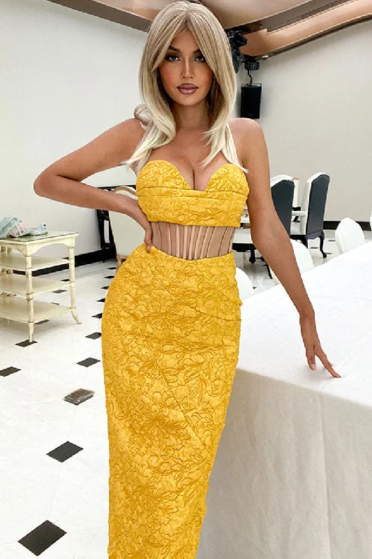 Glamorous Floral Jacquard Strapless Corset Cocktail Midi Dress - Yellow Fashionable Chiffon Midi Dress