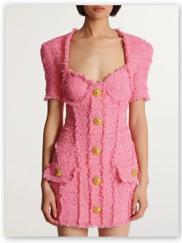 Gold-Buttoned Pink Tweed Short-Sleeve Mini Dress Comfortable One-Shoulder Mini Dress