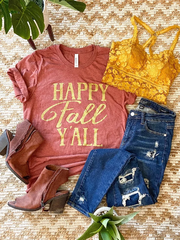 Happy Fall Y'all Metallic Gold Lettering Graphic Tee Asymmetrical Pockets Print