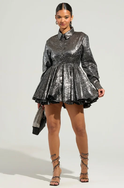 THE IT GIRL SILVER METALLIC MINI DRESS Elegant Mini Dress with Pleats