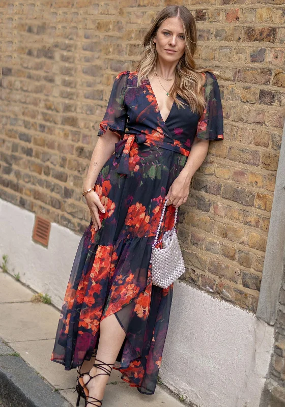 Hope & Ivy Nova Flutter Sleeve Floral Wrap Maxi Dress, Black and Orange Fashionable Layered Maxi Dress Hope & Ivy Nova Flutter Sleeve Floral Wrap Maxi Dress, Black and Orange Fashionable Layered Maxi Dress