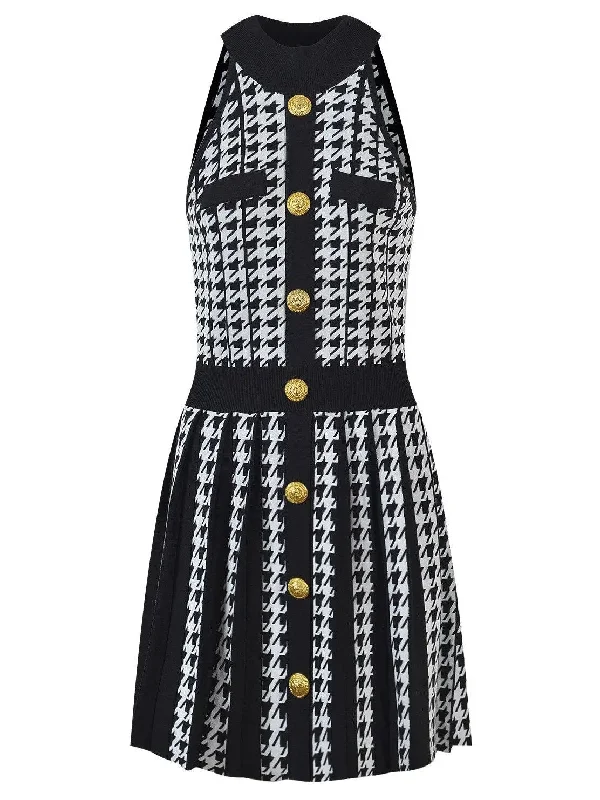 Houndstooth Pleated Mini Dress, White and Black Cozy Long Sleeve Mini Dress