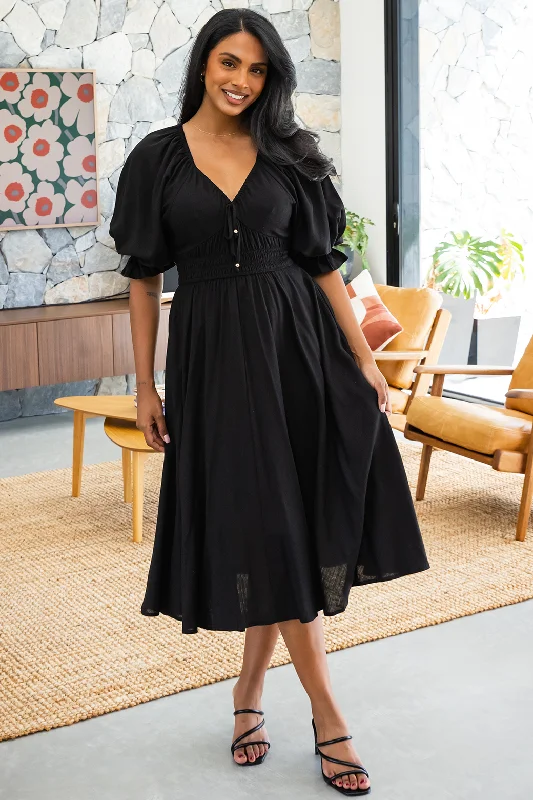 Jade Midi Dress Black Stylish Button-Up Midi Dress