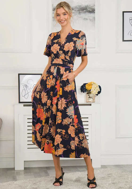 Jolie Moi Sheyra Floral Print Jersey Maxi Dress, Navy Orange Fashionable Faux Wrap Maxi Dress Jolie Moi Sheyra Floral Print Jersey Maxi Dress, Navy Orange Fashionable Faux Wrap Maxi Dress