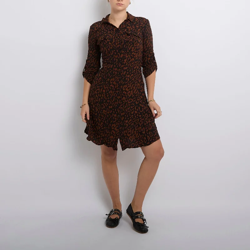 Leopard Print Shirt Midi Dress- UK 8 Trendy Smocked Waist Midi Dress