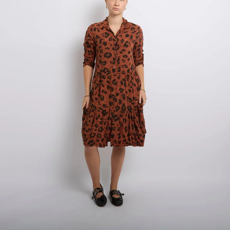 Leopard Print Tiered Shirt Midi Dress-UK 10 Chic Bohemian Midi Dress