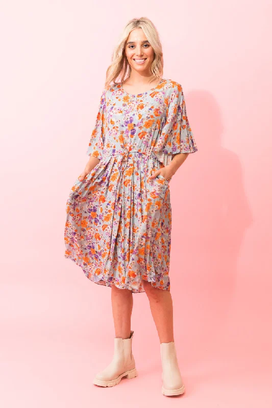 Louise Midi Dress Blue Viscose Floral Comfortable Floral Print Midi Dress