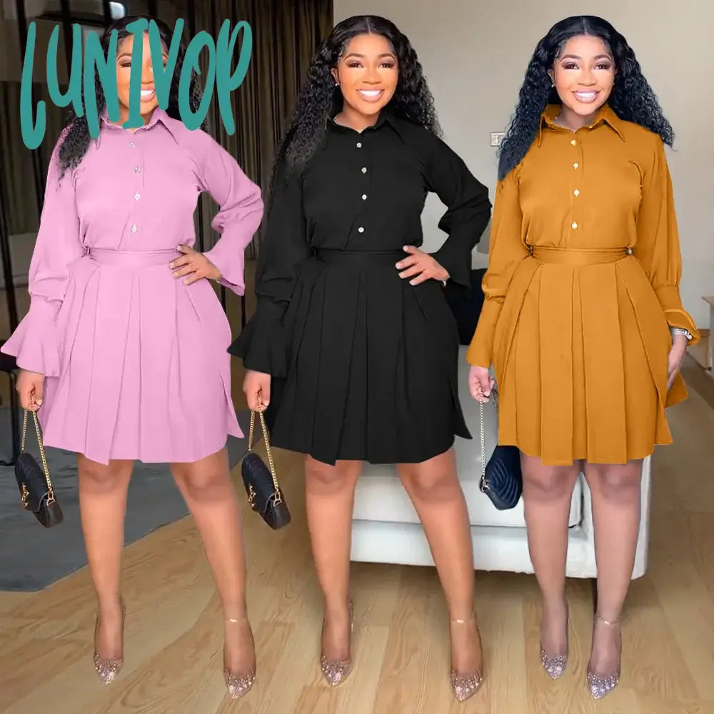 Lunivop Autumn  Women Fashion A-line Dress Woman Blouses Lapel Flare Sleeves Pleated Dresses Elegant Belted Party Midi Dresses Comfortable Button Front Midi Dress