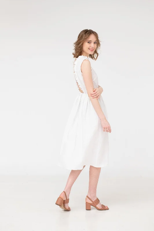 Mabel – Ruffled Open Back Linen Midi Dress Trendy Fit-and-Flare Midi Dress