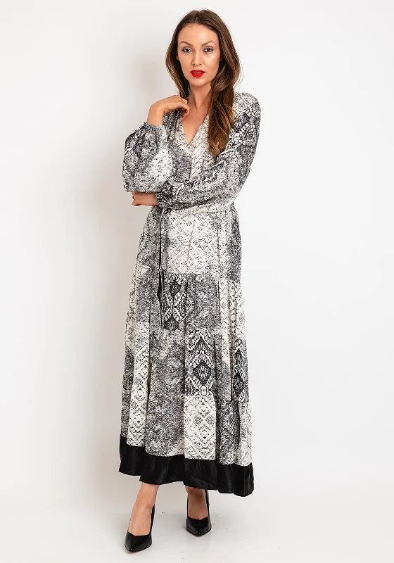 Natalia Collection One Size Patchwork Print Satin Tiered Maxi Dress, Black & White Trendy V-Neck Maxi Dress Natalia Collection One Size Patchwork Print Satin Tiered Maxi Dress, Black & White Trendy V-Neck Maxi Dress
