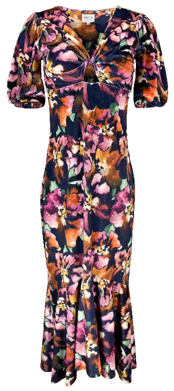 MISA Wallis Velvet Floral Midi Dress in Navy Multi Trendy A-Line Midi Dress