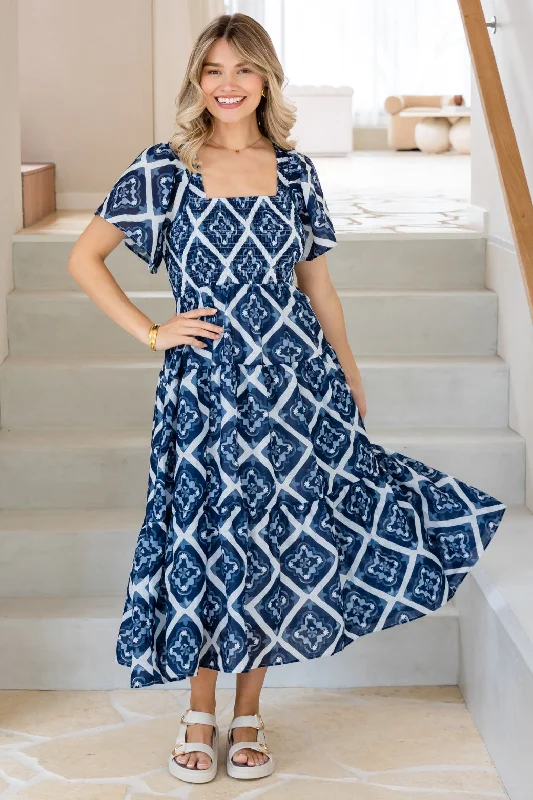 Monique Shirred Midi Dress Alara Print Navy Stylish Button-Up Midi Dress