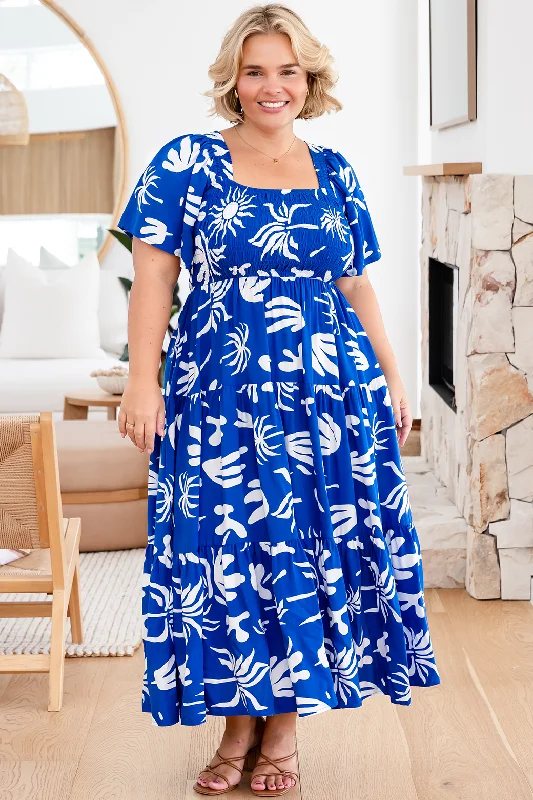 Monique Midi Dress Bora Print Blue Elegant Satin Midi Dress