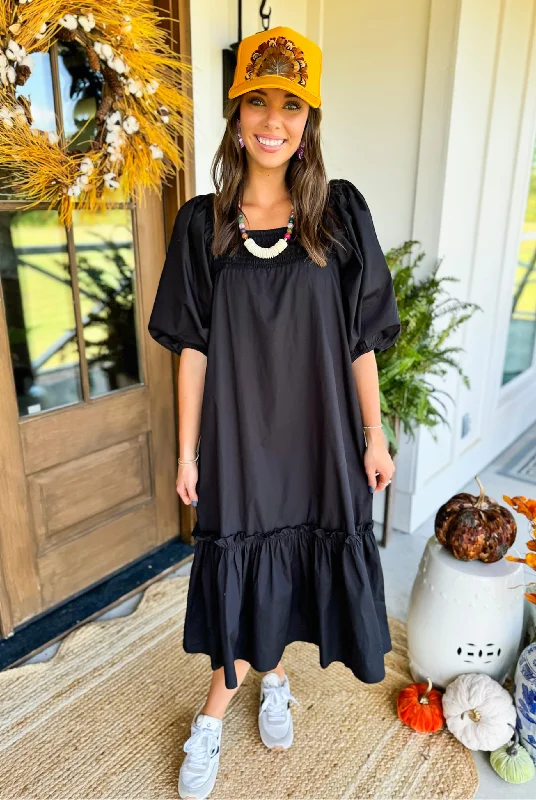 Mud Pie Monet Midi Dress in Black Fashionable Off-Shoulder Dress Midi