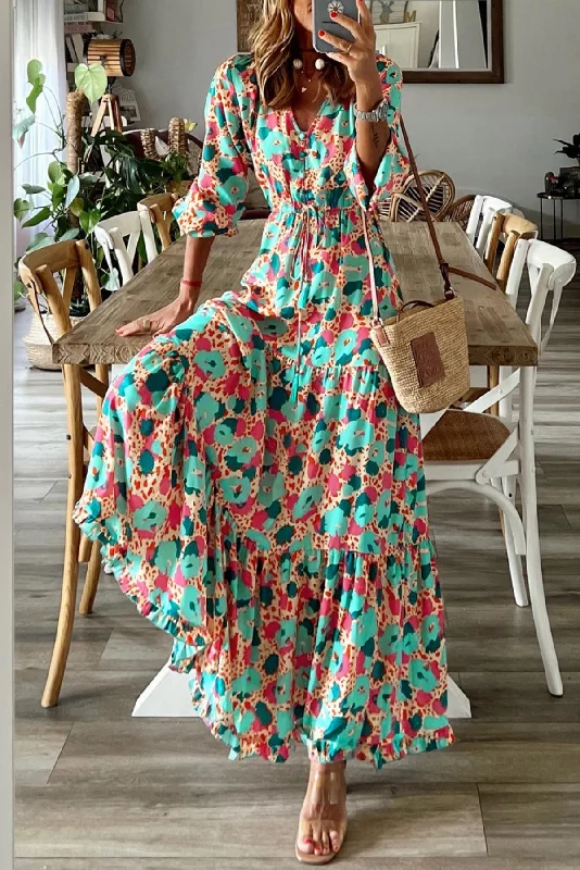 Multicolor Bohemia Print V Neck Ruffle Long Sleeve Maxi Dress Fashionable Faux Wrap Maxi Dress Multicolor Bohemia Print V Neck Ruffle Long Sleeve Maxi Dress Fashionable Faux Wrap Maxi Dress