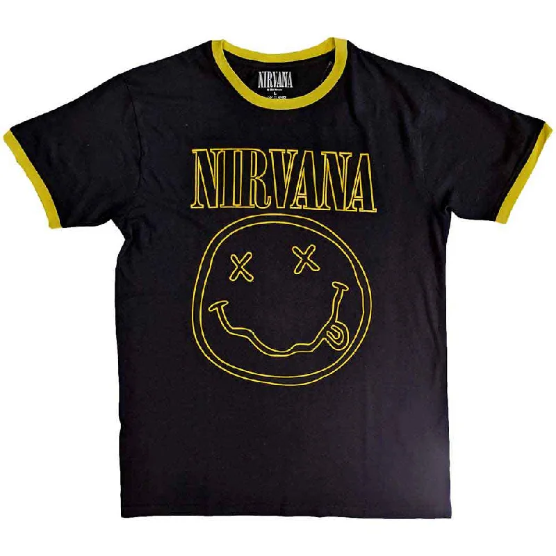 Nirvana | Official Band Ringer T-Shirt | Outline Happy Face Cozy Warm Stylish