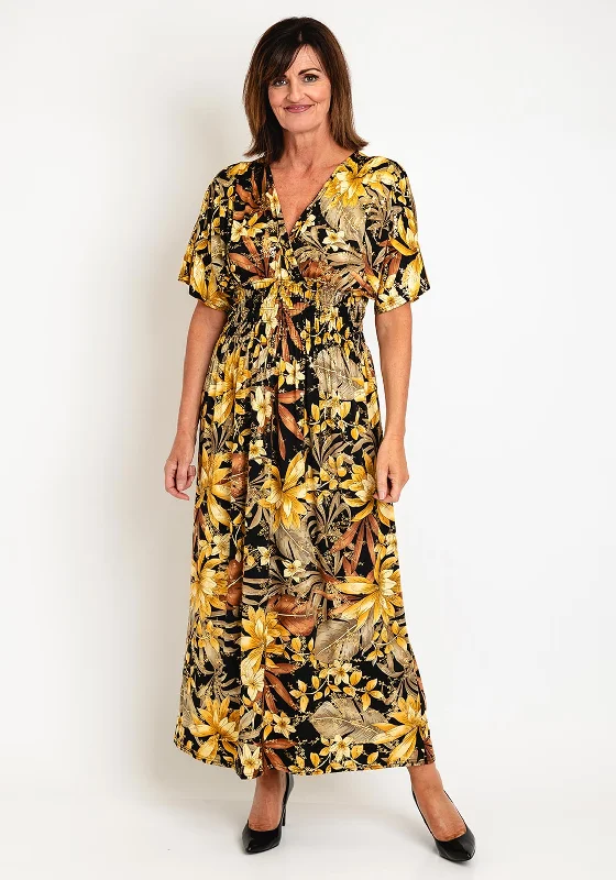 Natalia Collection One Size Floral Print Maxi Dress, Black & Gold Cozy Maxi Dress with Slit Natalia Collection One Size Floral Print Maxi Dress, Black & Gold Cozy Maxi Dress with Slit
