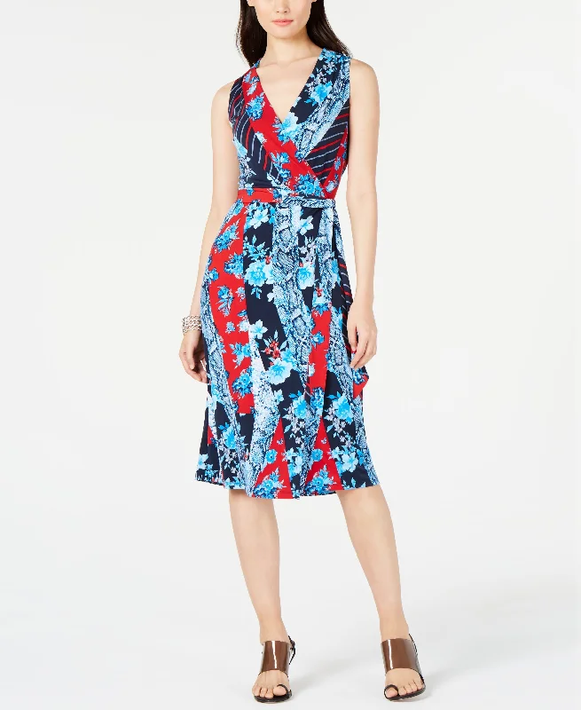 Petite Patchwork Wrap Midi Dress Trendy Midi Dress with Belt