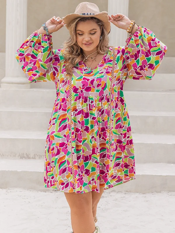 Plus Size Printed V-Neck Balloon Sleeve Mini Dress Chic Puff Sleeve Mini Dress