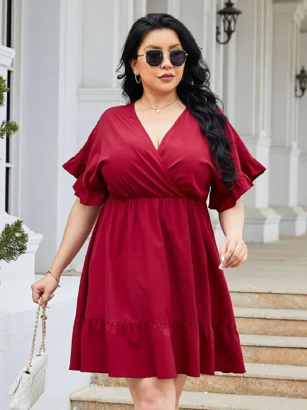 Plus Size Ruched Surplice Flounce Sleeve Mini Dress Comfortable Casual Mini Dress