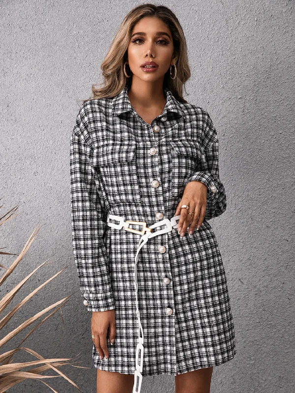 Pocketed Plaid Long Sleeve Mini Dress Chic Halter Mini Dress