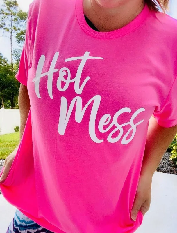 "Hot Mess" Neon Hot Pink Graphic Tee Lace Blend Ribbed Blend Corduroy Blend