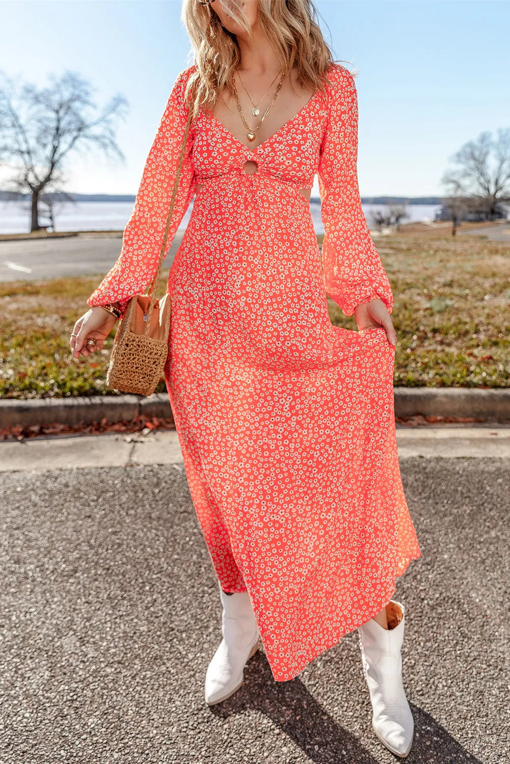 Printed V-Neck Long Sleeve Midi Dress Cozy A-Line Midi Dress