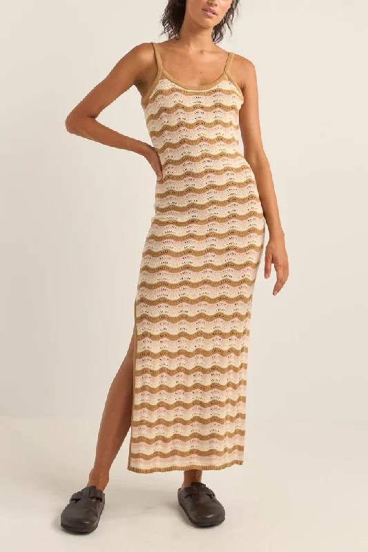 Rhythm Aries Stripe Knit Midi Dress - NATURAL Trendy Ruched Side Midi Dress