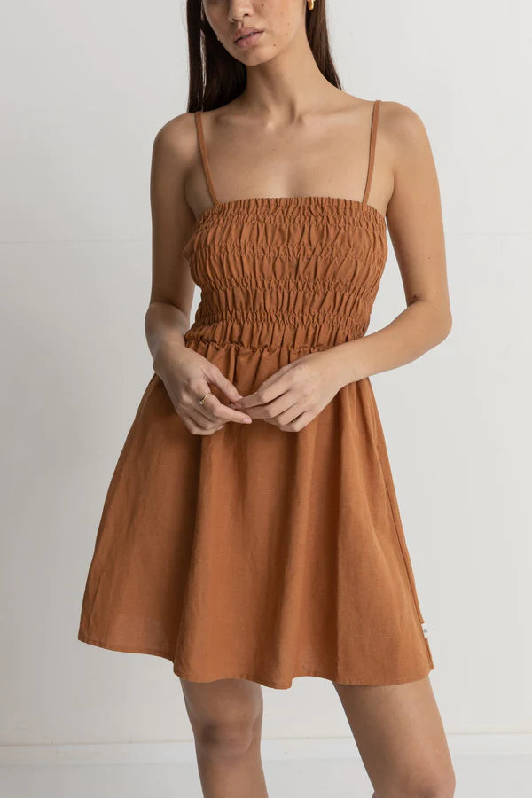 Rhythm Classic Shirred Mini Dress  - Caramel Comfortable Zip-Up Mini Dress