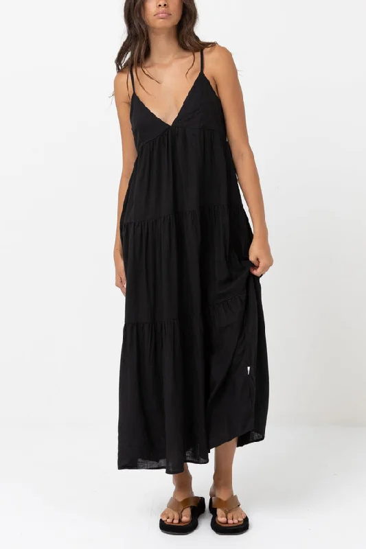 Rhythm Classic Tiered Midi Dress - Black Cozy A-Line Midi Dress