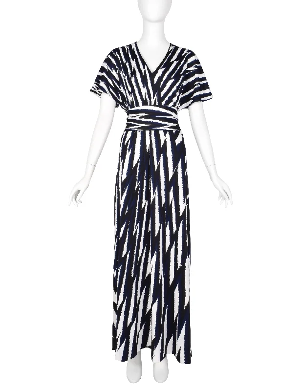 Roberta di Camerino Vintage 1978 Black Blue & White Zig Zag Print Jersey Maxi Dress Comfortable Fit-and-Flare Maxi Dress Roberta di Camerino Vintage 1978 Black Blue & White Zig Zag Print Jersey Maxi Dress Comfortable Fit-and-Flare Maxi Dress