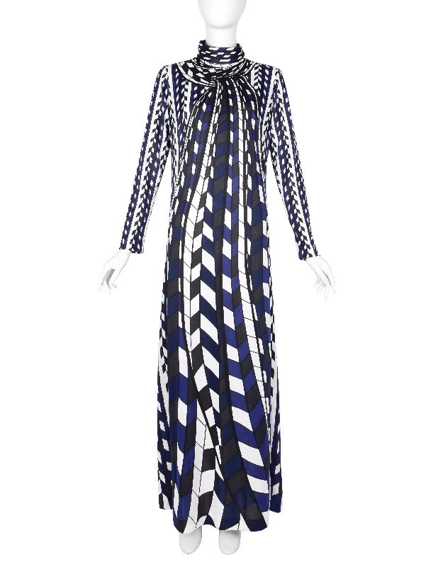 Roberta di Camerino Vintage 1978 Blue Black White Op Art Trompe L'oeil Maxi Dress Cozy Wrap Maxi Dress Roberta di Camerino Vintage 1978 Blue Black White Op Art Trompe L'oeil Maxi Dress Cozy Wrap Maxi Dress