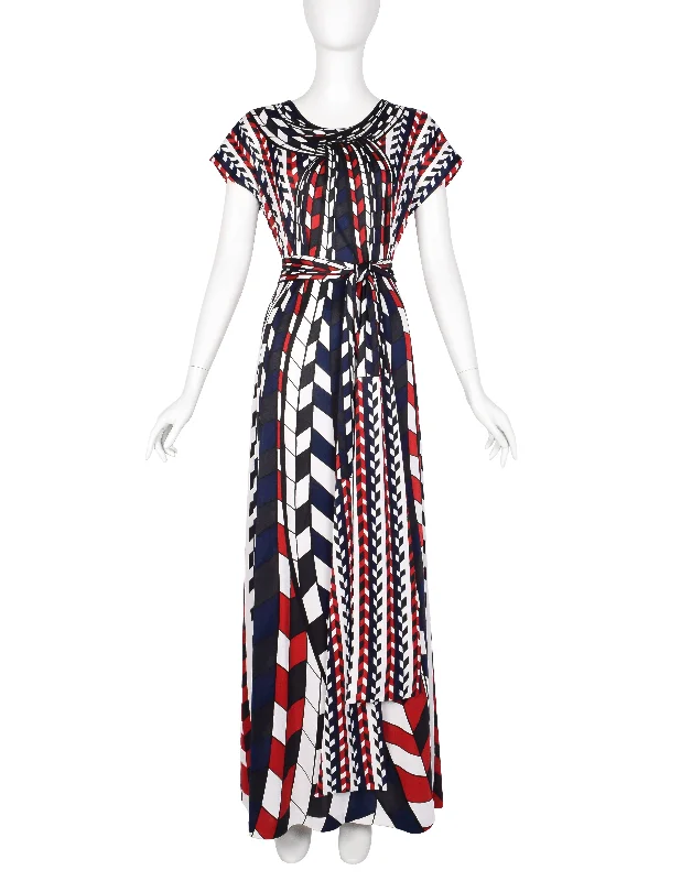Roberta di Camerino Vintage 1978 Red Blue Black White Op Art Trompe L'oeil Maxi Dress Stylish One-Shoulder Maxi Dress Roberta di Camerino Vintage 1978 Red Blue Black White Op Art Trompe L'oeil Maxi Dress Stylish One-Shoulder Maxi Dress