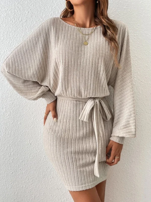 Round Neck Tie Waist Long Sleeve Mini Dress Cozy Knitted Mini Dress