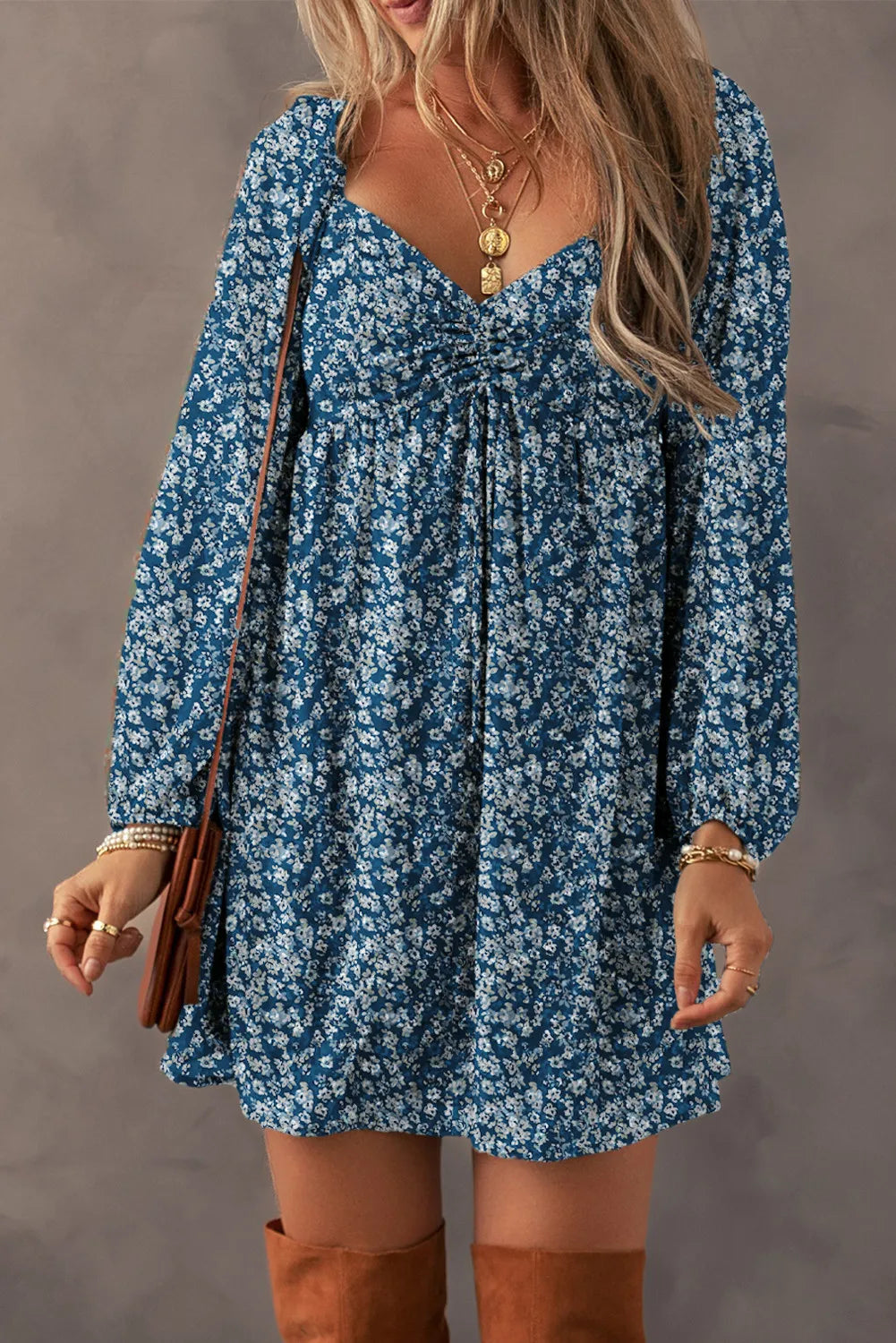 Ruched Printed Long Sleeve Mini Dress Fashionable Denim Mini Dress