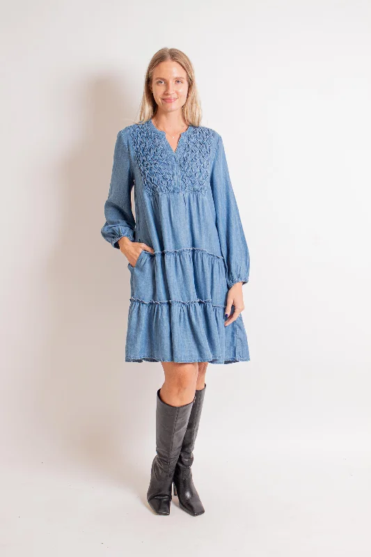 Denim Tencel Midi Dress Fashionable Polka Dot Midi Dress