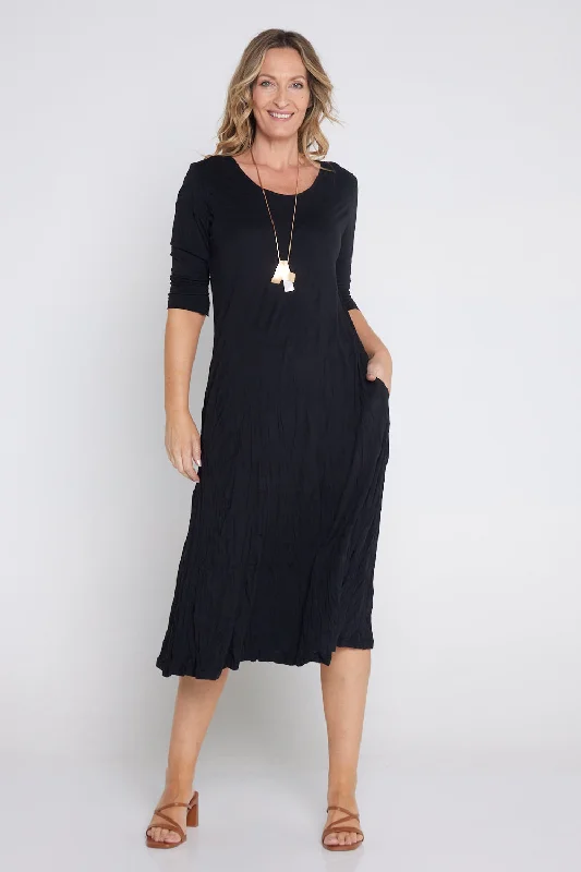 Sally Bamboo & Cotton Midi Dress - Black Stylish Wraparound Midi Dress