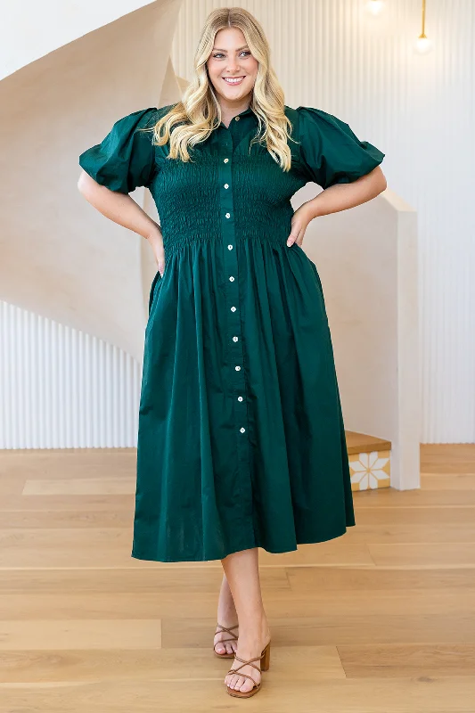 Samantha Midi Dress Dark Emerald Comfortable Denim Midi Dress