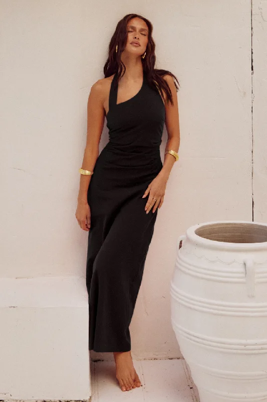 Sapphira Long Midi Dress - Black Stylish High-Waisted Midi Dress