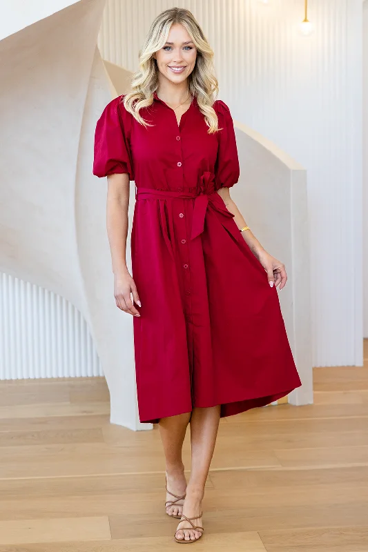 Shannon Midi Dress Deep Red Cozy Midi Dress with Pockets