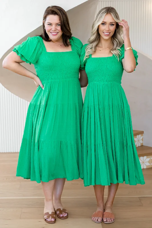 Shiloh Shirred Midi Dress Emerald Green Dobby Stylish Vintage Midi Dress