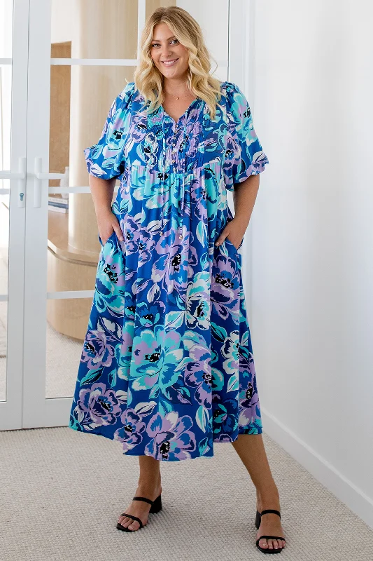 Shona Midi Dress Aruba Print Blue Trendy Midi Dress with Belt