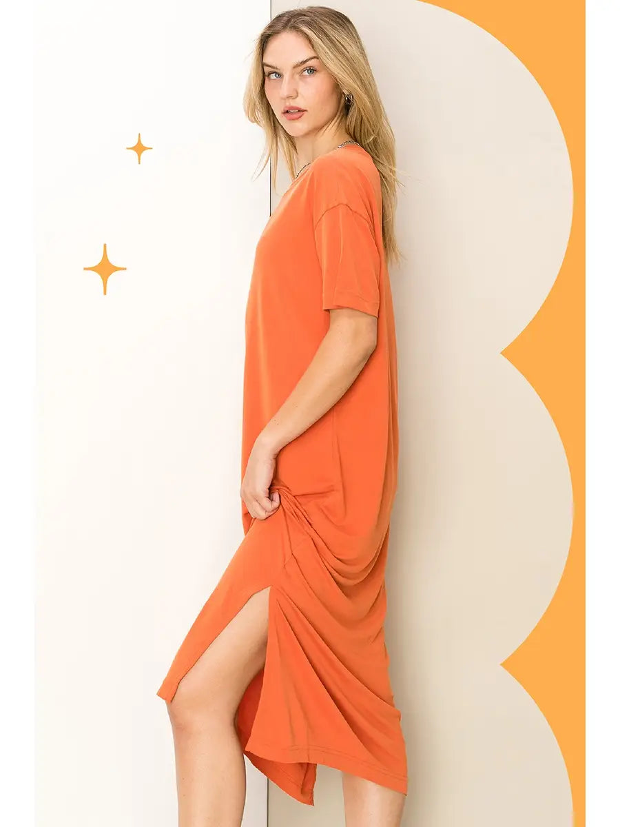 Side Slit Midi Dress in Burnt Ochre Trendy Smocked Detail Midi Dress